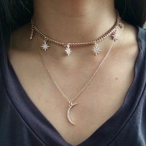 NWOT Moon and stars layered necklace - gold and crystal
